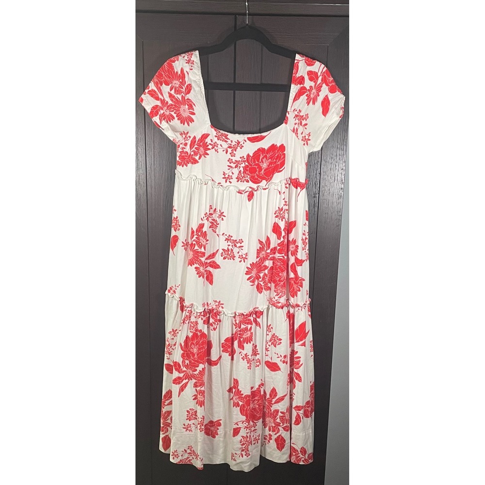 Lulus Womens Red White Floral Tiered Midi Dress Square Neck Puff Sleeve XS